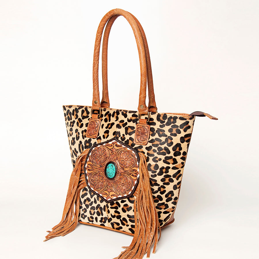 American Darling Hair-On Cowhide Fringed Leather Tote Bag with Turquoise Concho - Uhorse