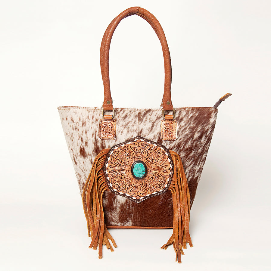 American Darling Hand Tooled Floral Fringed Genuine Leather Tote Bag Turquoise Concho Eco-Friendly Full Grain YKK Zipper
