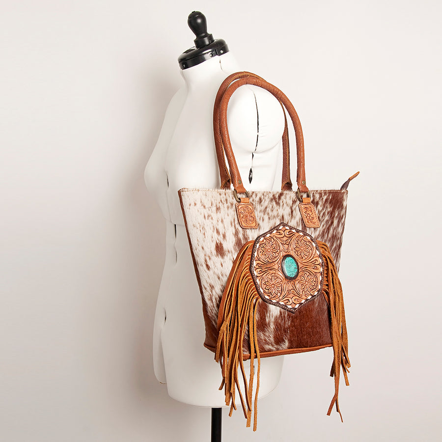 American Darling Hand Tooled Floral Fringed Genuine Leather Tote Bag Turquoise Concho Eco-Friendly Full Grain YKK Zipper