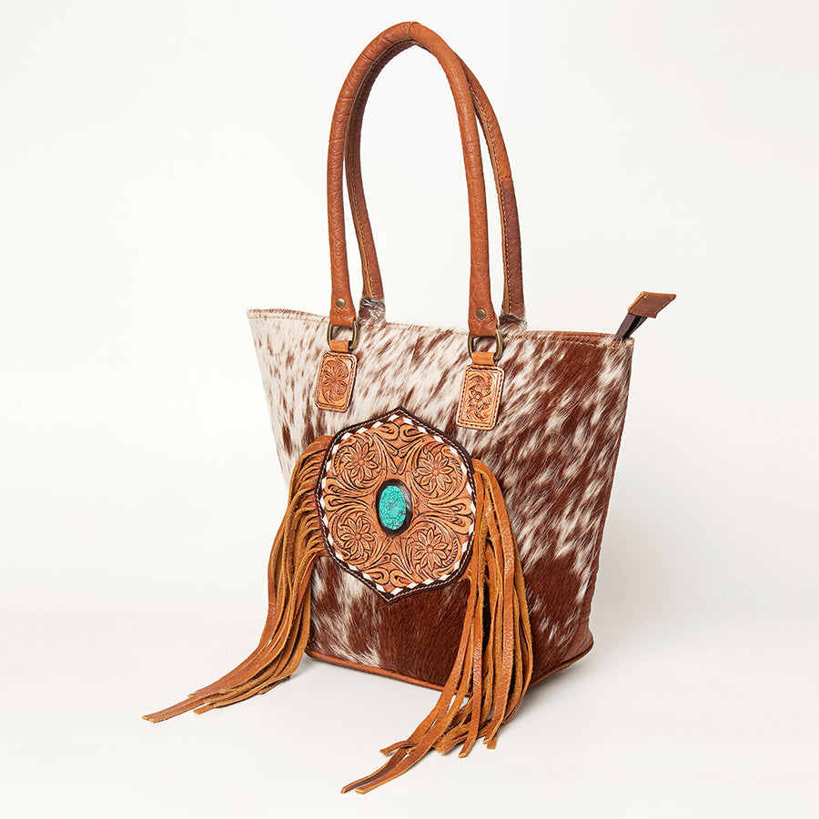 American Darling Hair-On Cowhide Fringed Leather Tote Bag with Turquoise Concho - Uhorse