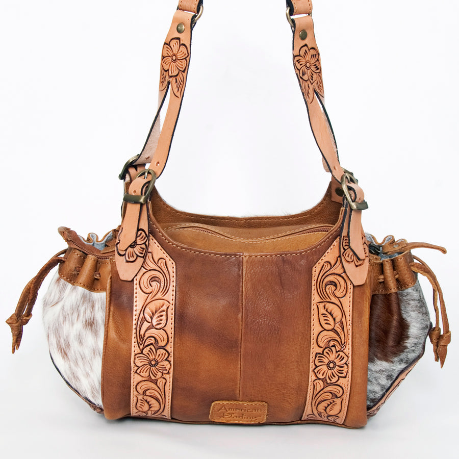 American Darling Hand Tooled Floral Carved Hair-On Cowhide Hobo Bag Eco-Friendly Genuine Leather Drawstring YKK Zipper