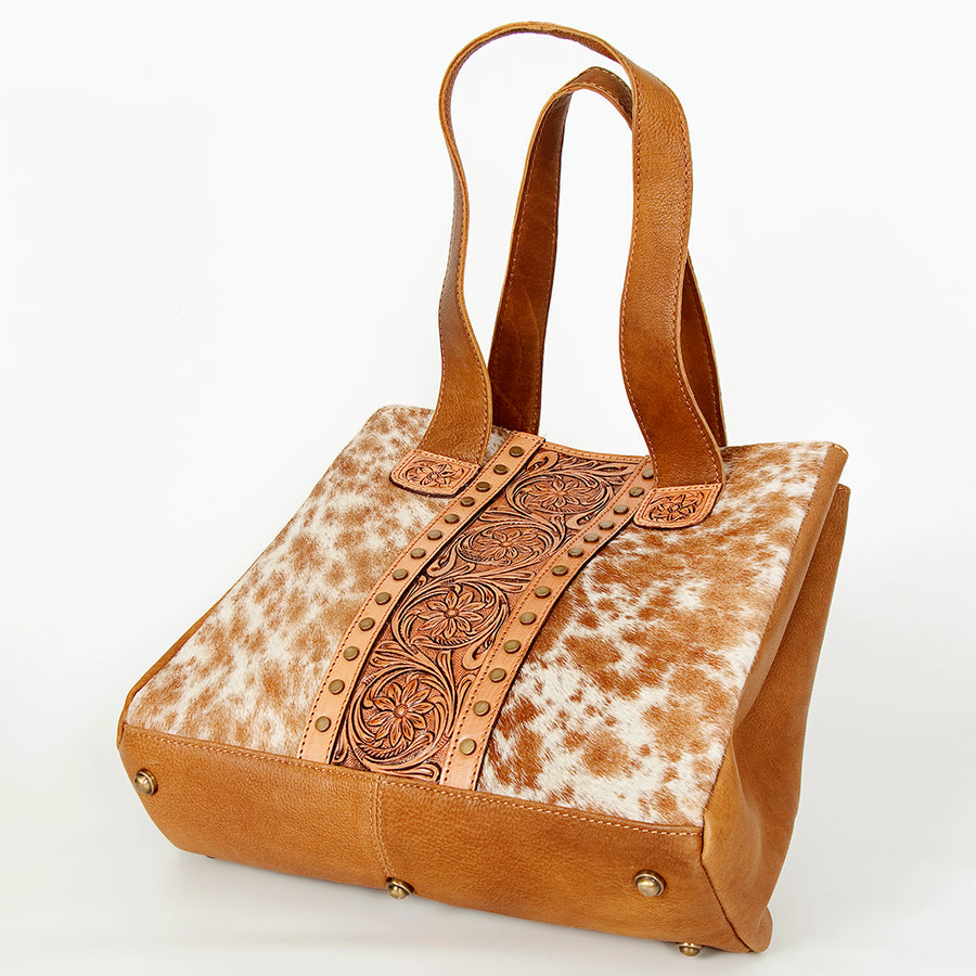 American Darling Hair-On Cowhide Hand Tooled Floral Genuine Leather Tote Bag Eco-Friendly Full Grain Rivetted YKK Zipper