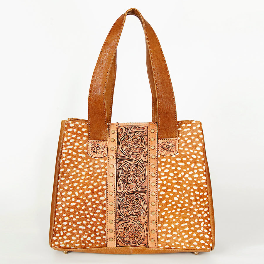 American Darling Hair-On Cowhide Hand Tooled Floral Genuine Leather Tote Bag Eco-Friendly Full Grain Rivetted YKK Zipper