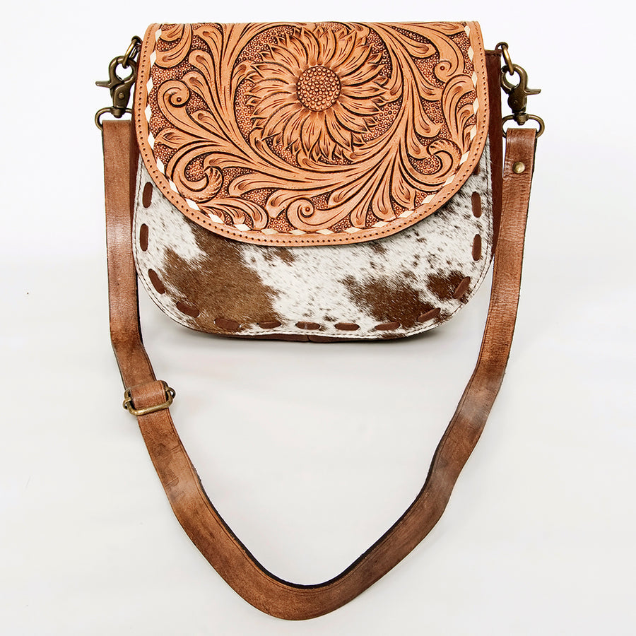 American Darling Hair-On Cowhide Floral Carved Hand Tooled Messenger Bag Eco-Friendly Genuine Leather YKK Zipper