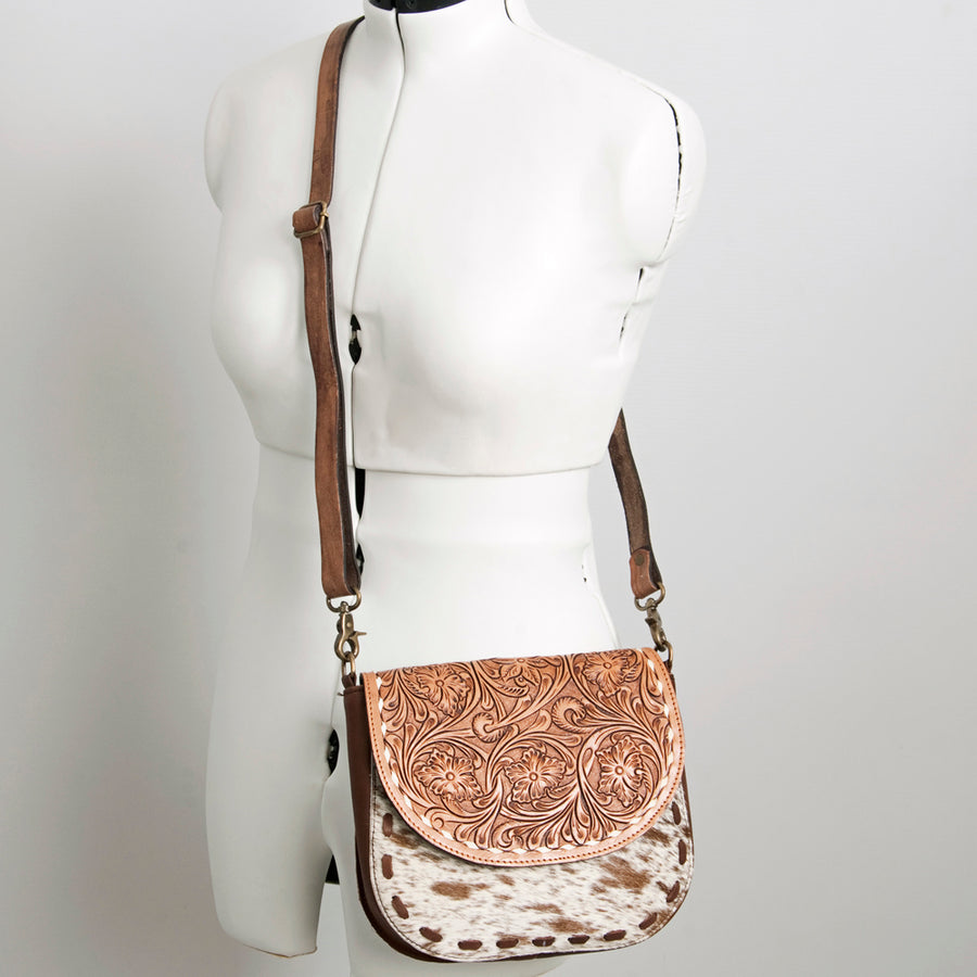 American Darling Hair-On Cowhide Floral Carved Hand Tooled Messenger Bag Eco-Friendly Genuine Leather YKK Zipper