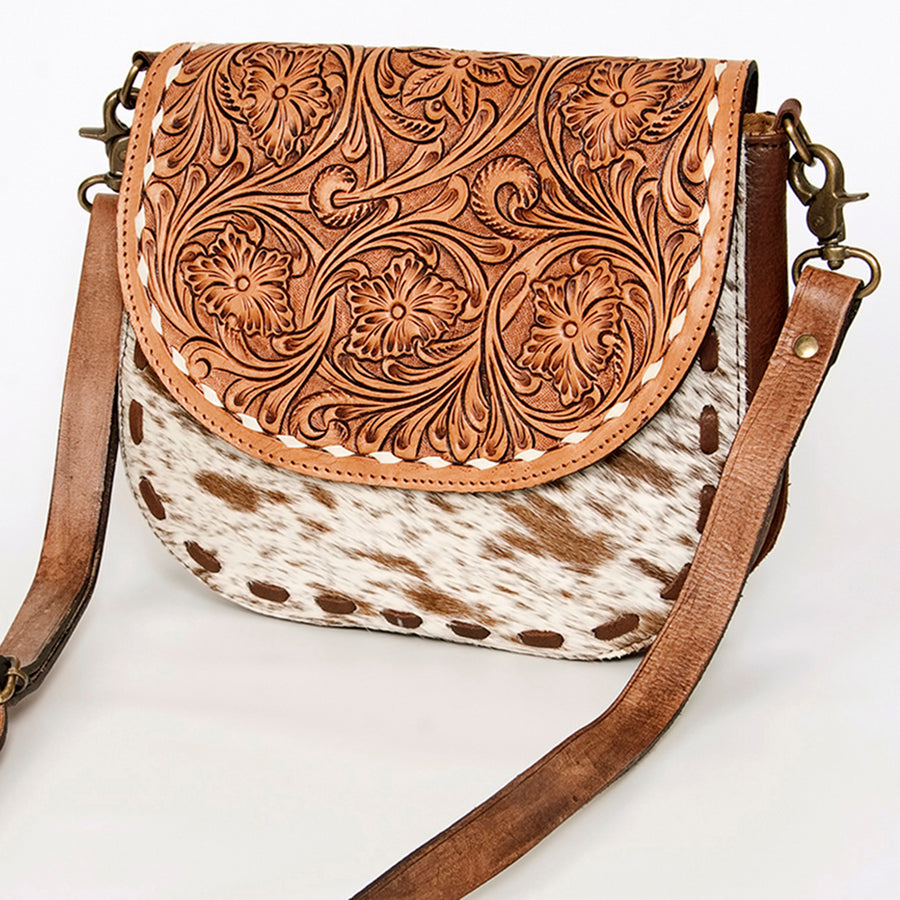 American Darling Hair-On Cowhide Hand Tooled Genuine Leather Messenger Bag - Uhorse