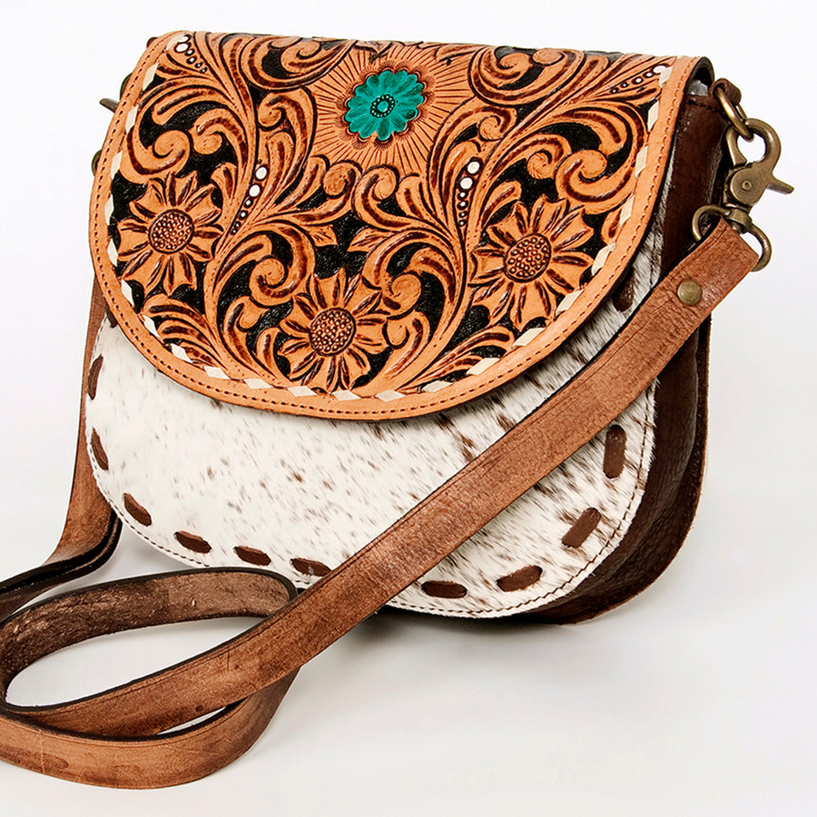 American Darling Hair-On Cowhide Hand Tooled Genuine Leather Messenger Bag - Uhorse