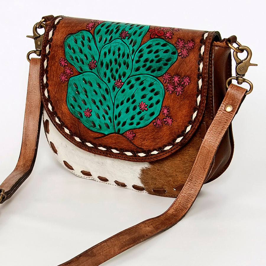 American Darling Hair-On Cowhide Hand Tooled Genuine Leather Messenger Bag - Uhorse