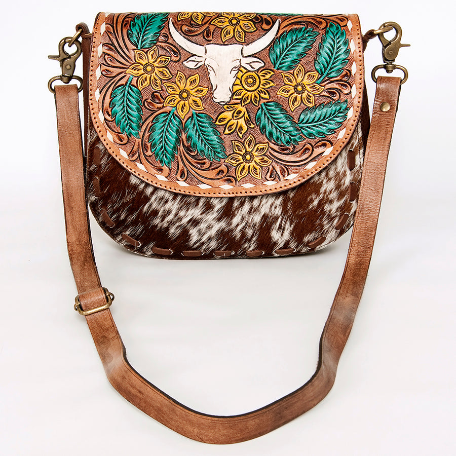 American Darling Hair-On Cowhide Floral Carved Hand Tooled Messenger Bag Eco-Friendly Genuine Leather YKK Zipper