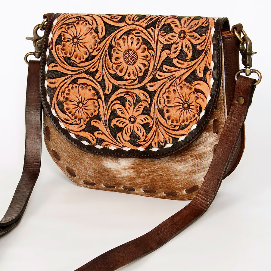 American Darling Hair-On Cowhide Hand Tooled Genuine Leather Messenger Bag - Uhorse