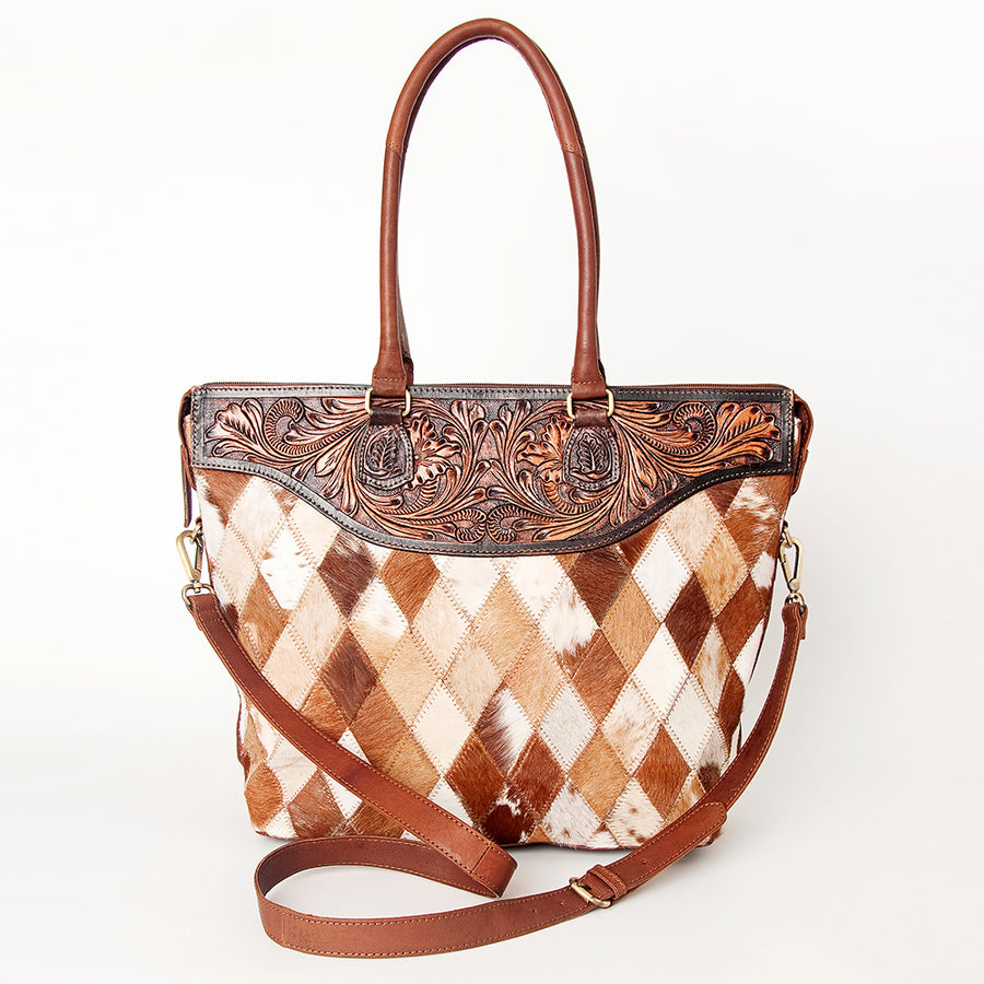 American Darling Tote Bag Hand Tooled Floral Carved Hair-On Cowhide Genuine Vegetable Tanned Leather 14in X 14in X 6in
