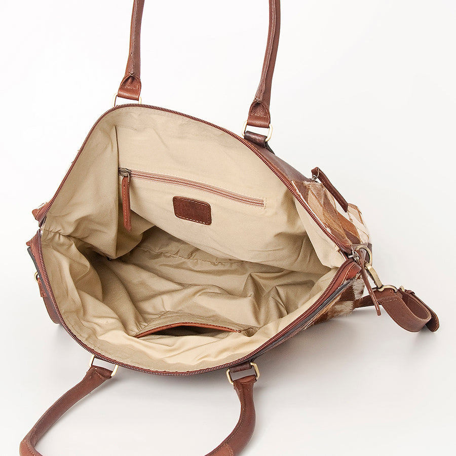American Darling Tote Bag Hand Tooled Floral Carved Hair-On Cowhide Genuine Vegetable Tanned Leather 14in X 14in X 6in