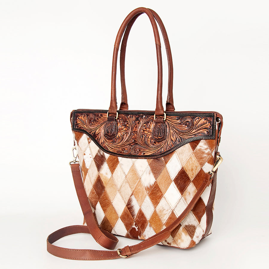 American Darling Hand Tooled Floral Leather Tote Bag with Hair-On Cowhide Accent - Uhorse