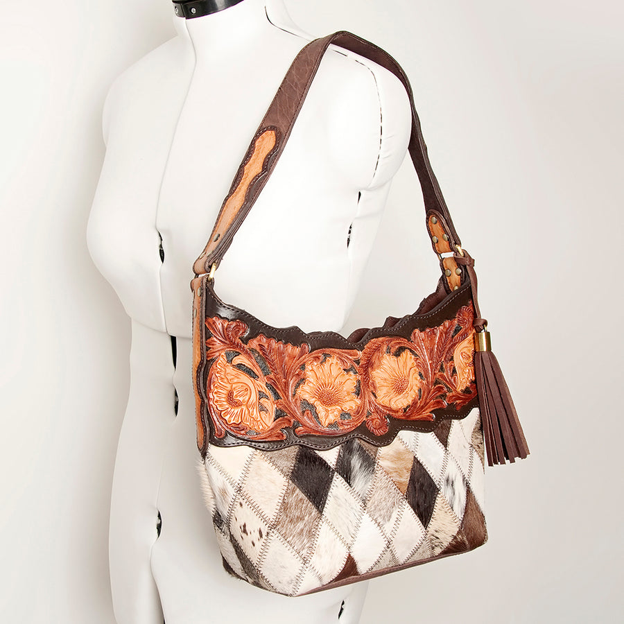 American Darling Hobo Bag Hand Tooled Floral Carved Genuine Vegetable Tanned Leather with Tassels 9in X 14in X 4in