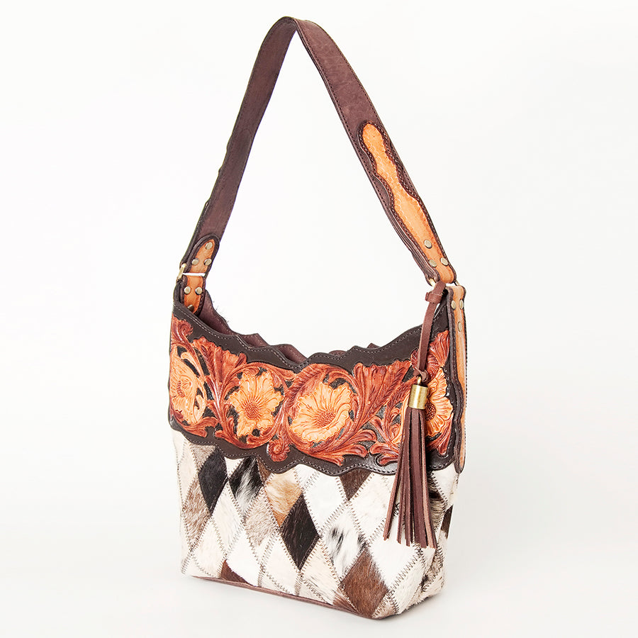 American Darling Hand Tooled Floral Leather Hobo Bag with Hair-On Cowhide and Tassels - Uhorse