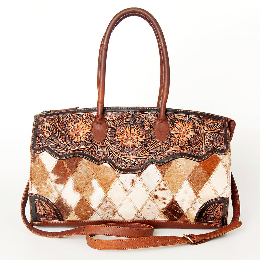 American Darling Hobo Bag Hand Tooled Floral Carved Hair-On Cowhide Genuine Vegetable Tanned Leather 9in X 14in X 4in