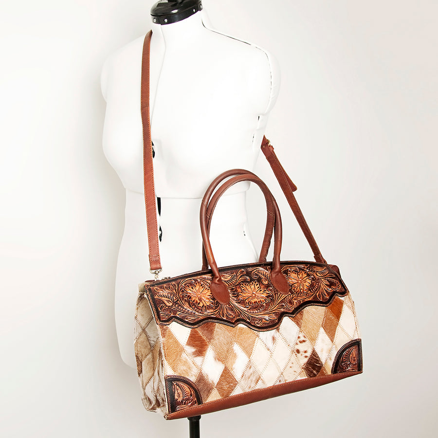 American Darling Hobo Bag Hand Tooled Floral Carved Hair-On Cowhide Genuine Vegetable Tanned Leather 9in X 14in X 4in