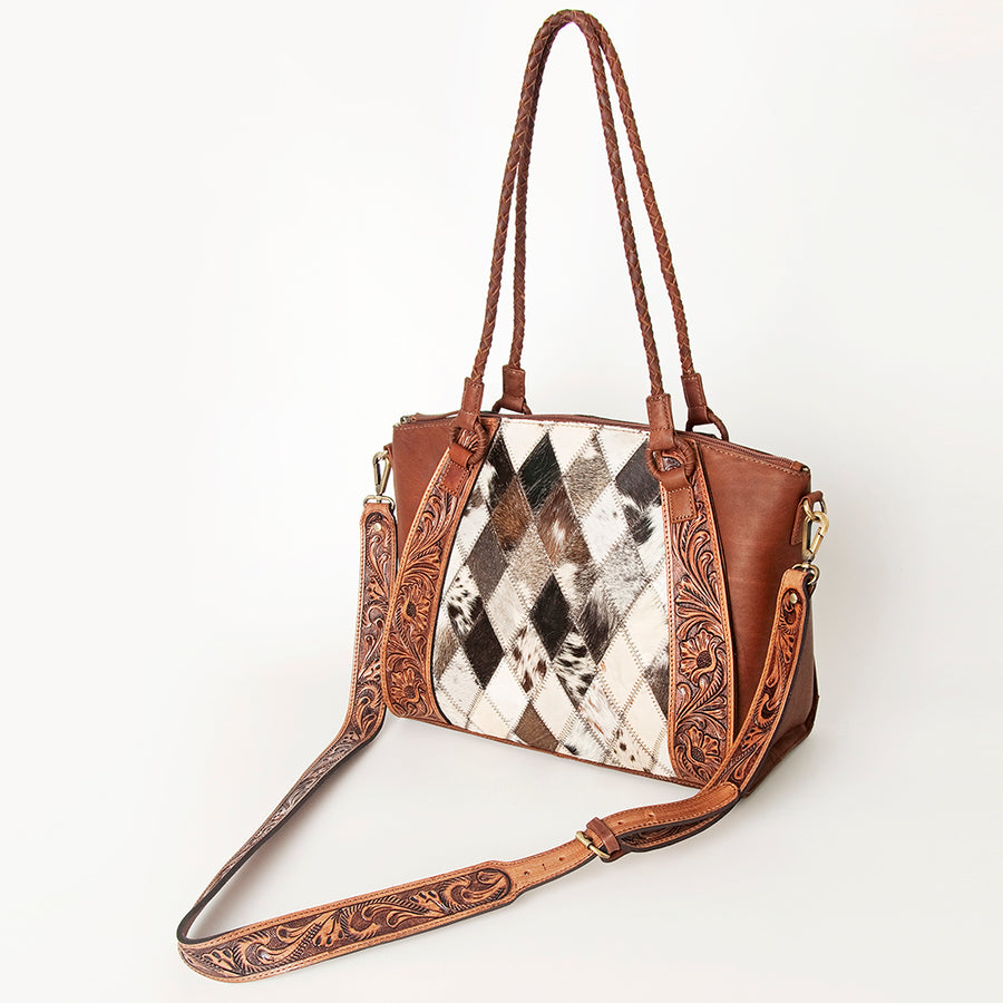 American Darling Hair-On Cowhide Tote Bag, Hand-Tooled Floral Western Leather Purse, Buck Stitched, 10in (H) X 13.5in (W) X 4in (D)