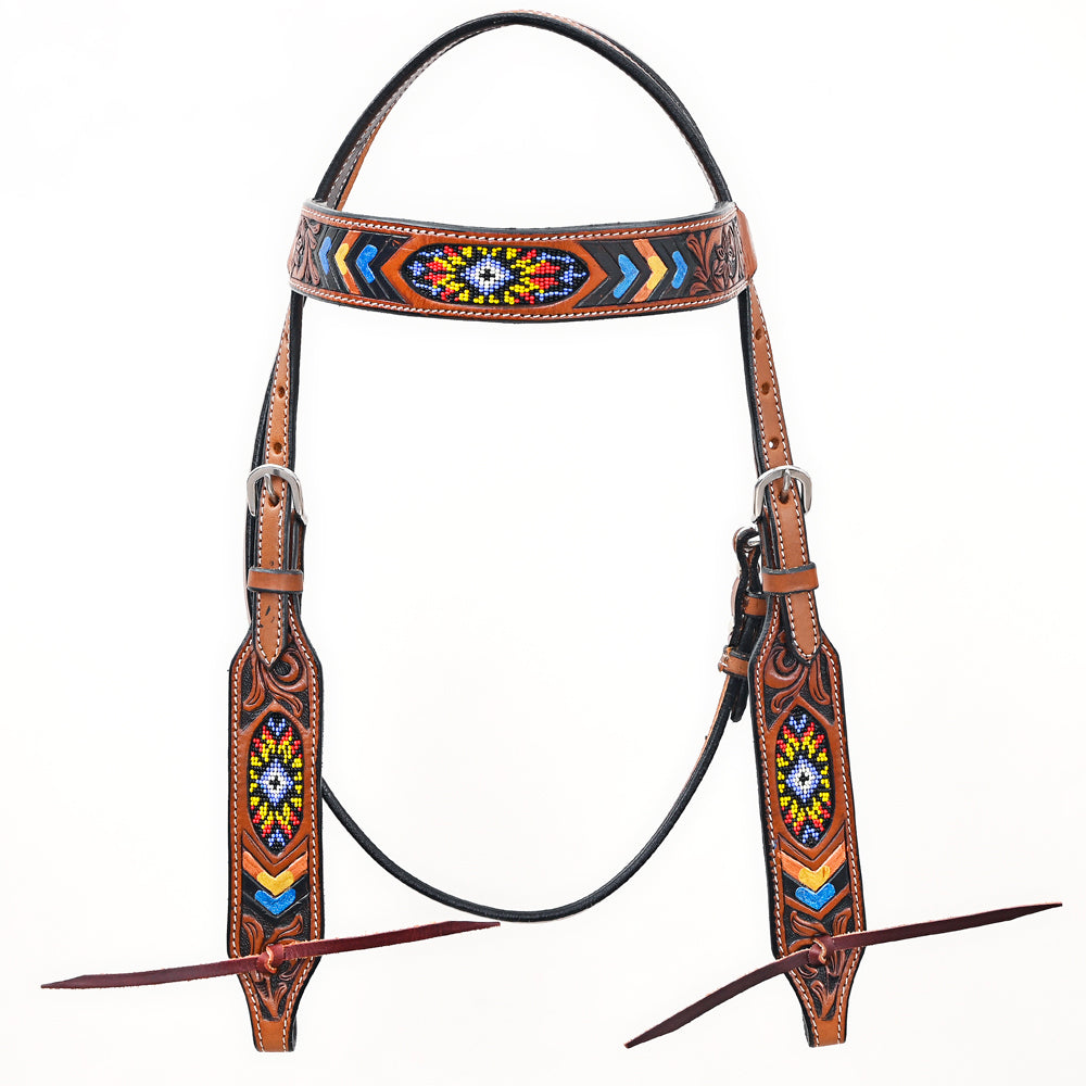 Bar H Equine Western Horse Genuine Leather Floral Design Beaded Headstall Brown