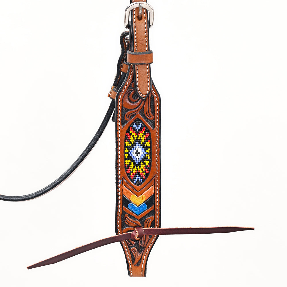 Bar H Equine Western Horse Genuine Leather Floral Design Beaded Headstall Brown
