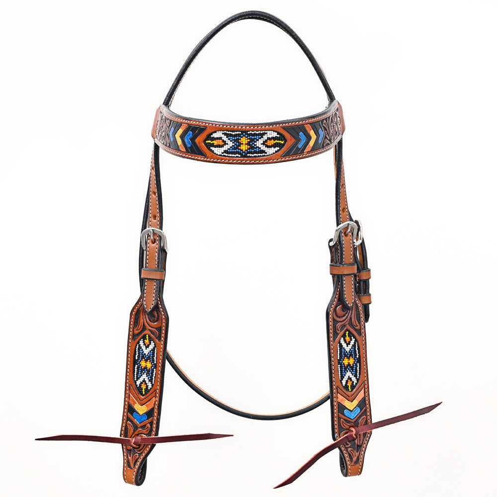 Bar H Equine Western Horse Genuine Leather Floral Design Beaded Headstall Brown