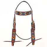 Bar H Equine Western Horse Genuine Leather Floral Design Beaded Headstall Brown
