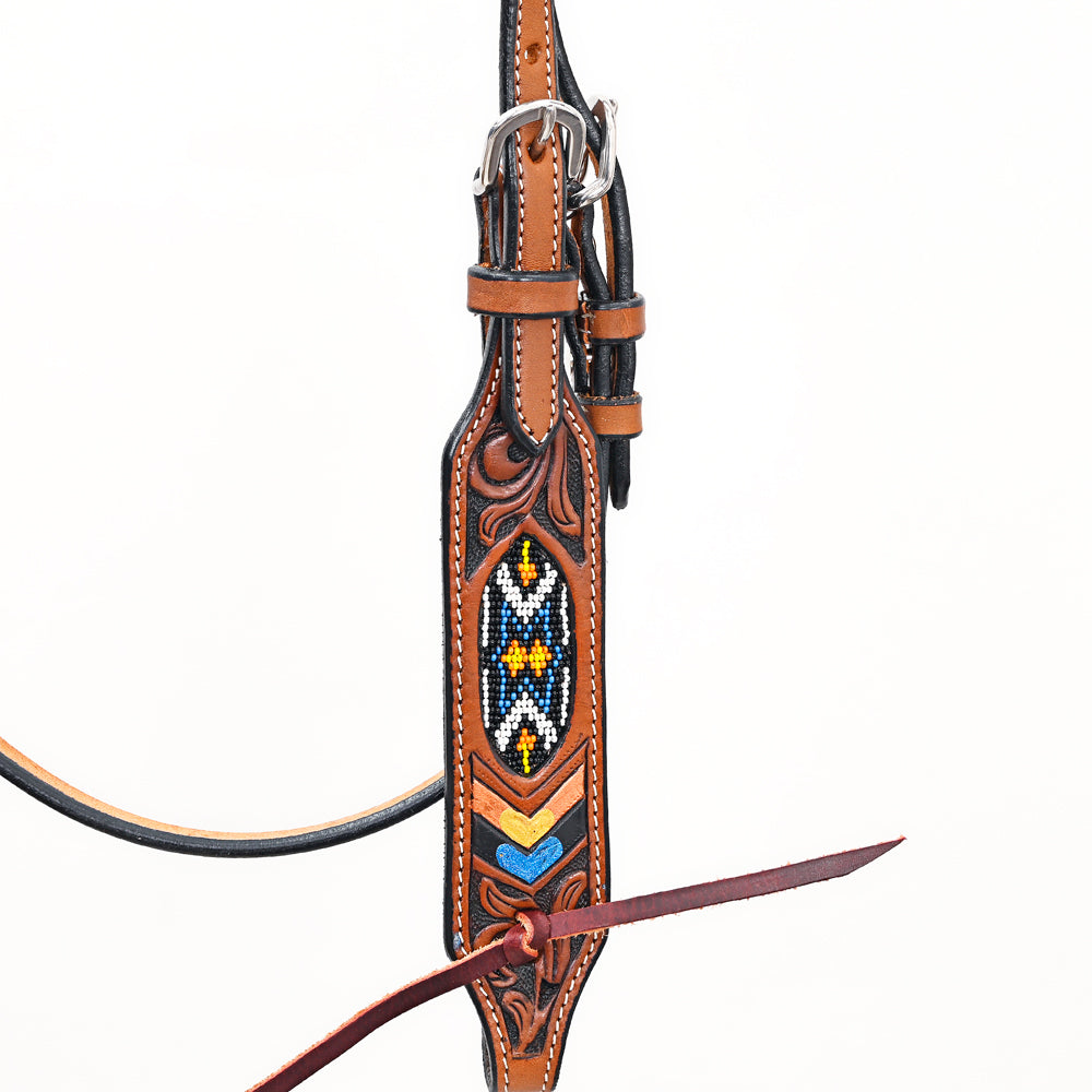Bar H Equine Western Horse Genuine Leather Floral Design Beaded Headstall Brown