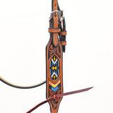 Bar H Equine Western Horse Genuine Leather Floral Design Beaded Headstall Brown