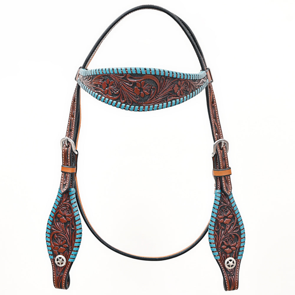 Bar H Equine Western Horse Genuine Leather Floral Design Buckstitch Headstall Brown