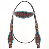 Bar H Equine Western Horse Genuine Leather Floral Design Buckstitch Headstall Brown
