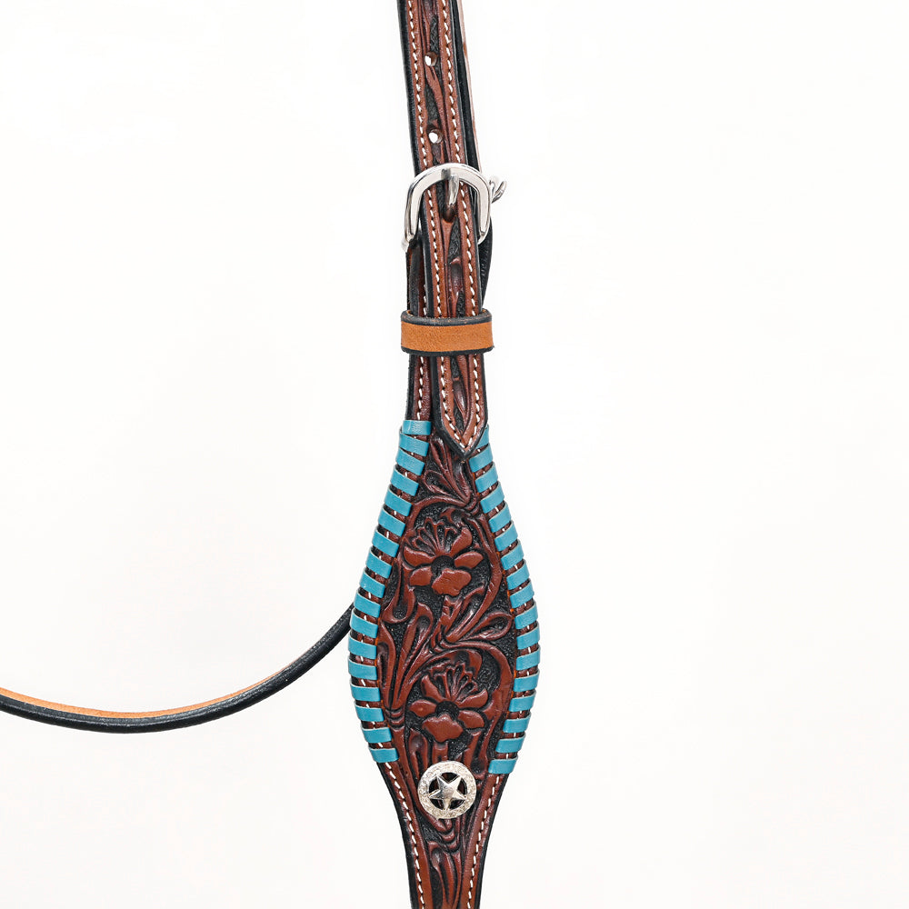 Bar H Equine Western Horse Genuine Leather Floral Design Buckstitch Headstall Brown
