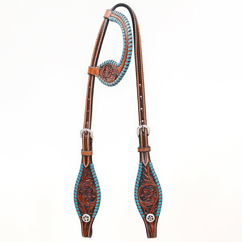 Bar H Equine Western Horse Genuine Leather Floral Design Buckstitch One Ear Headstall Brown