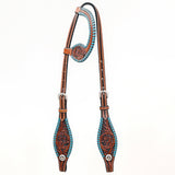 Bar H Equine Western Horse Genuine Leather Floral Design Buckstitch One Ear Headstall Brown
