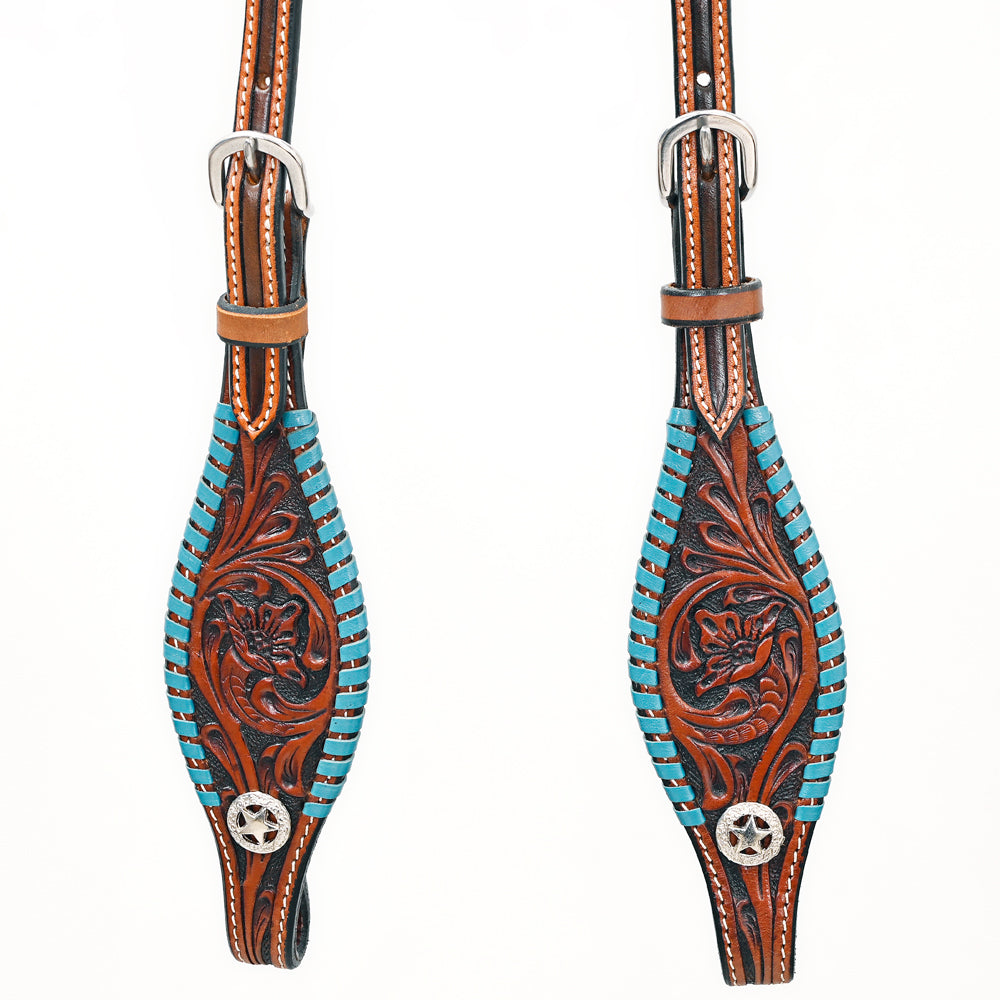 Bar H Equine Western Horse Genuine Leather Floral Design Buckstitch One Ear Headstall Brown