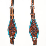 Bar H Equine Western Horse Genuine Leather Floral Design Buckstitch One Ear Headstall Brown