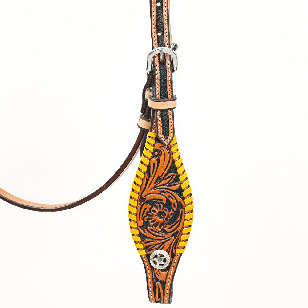 Bar H EquineWestern Horse Genuine Leather Floral Design BuckStitch Headstall Tan
