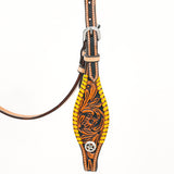 Bar H EquineWestern Horse Genuine Leather Floral Design BuckStitch Headstall Tan