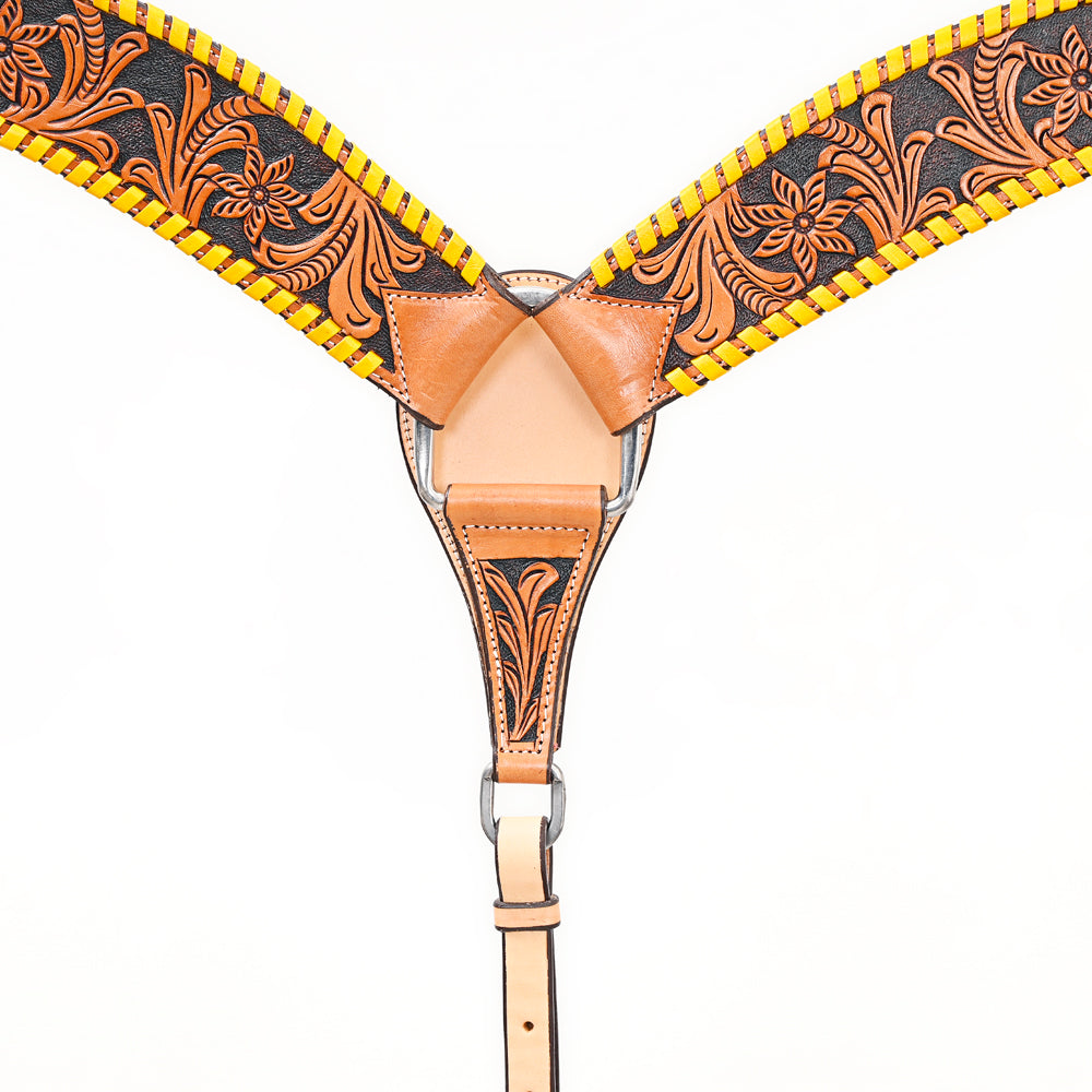 BAR H EQUINE Genuine Horse Hand Tooled Buck stitched Leather Curved Breast Collar Tan