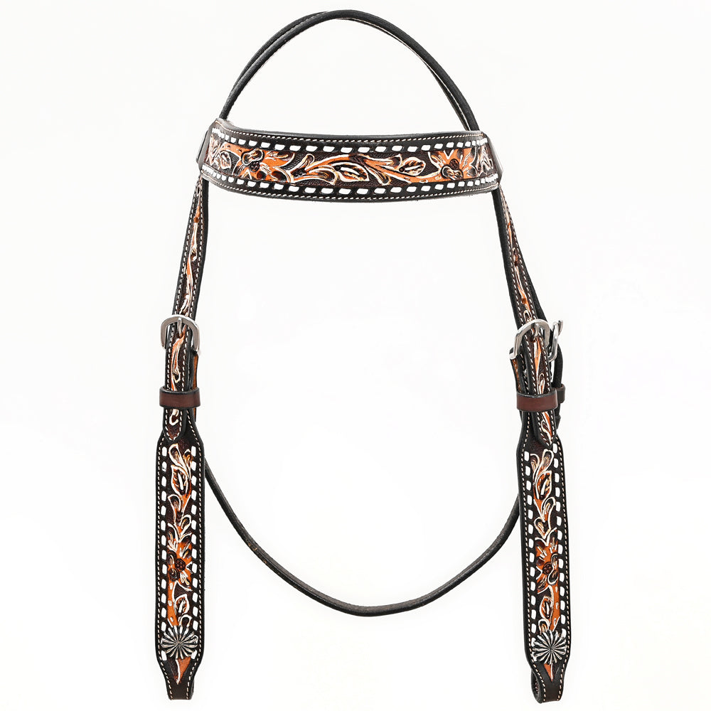Bar H EquineWestern Horse Genuine Leather Floral Design Headstall Dark Brown