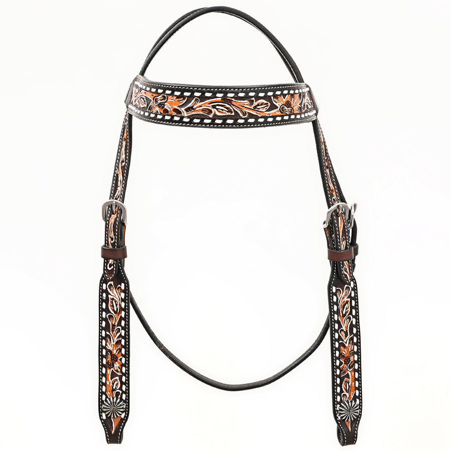 Bar H EquineWestern Horse Genuine Leather Floral Design Headstall Dark Brown