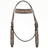 Bar H EquineWestern Horse Genuine Leather Floral Design Headstall Dark Brown