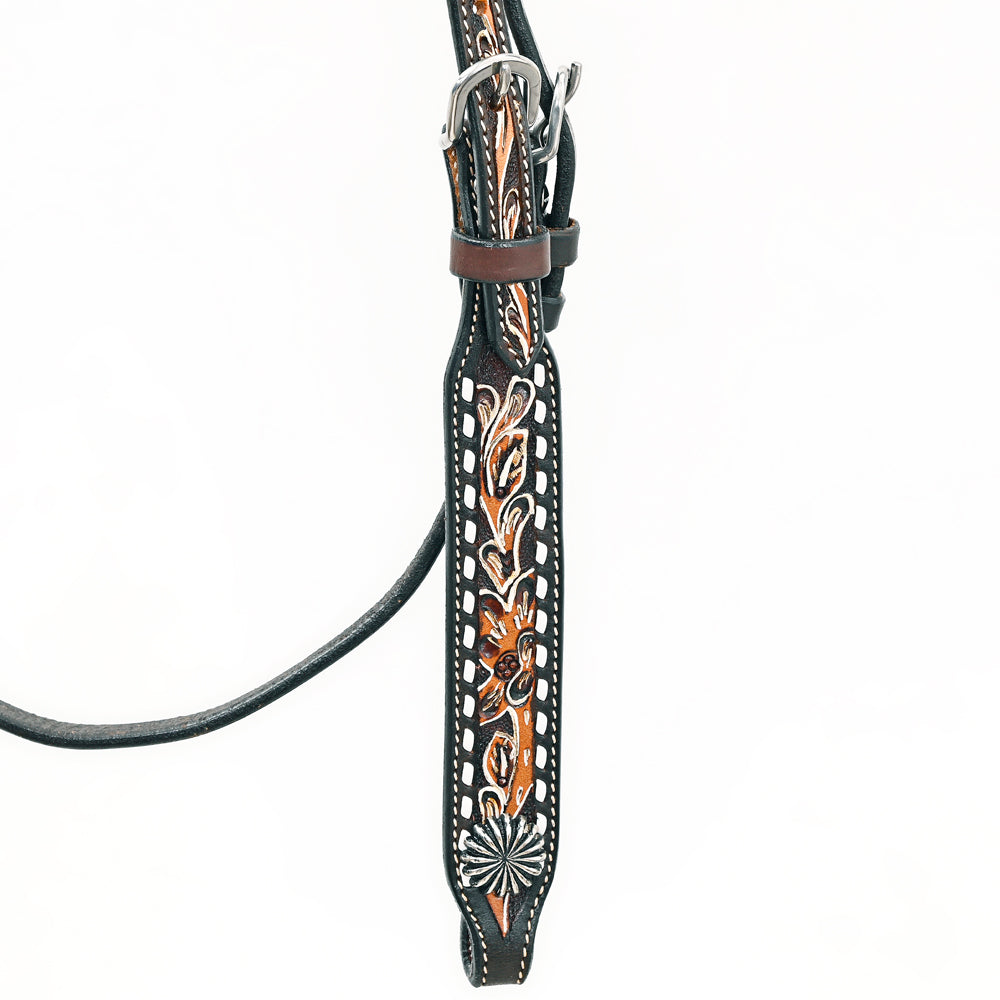 Bar H EquineWestern Horse Genuine Leather Floral Design Headstall Dark Brown