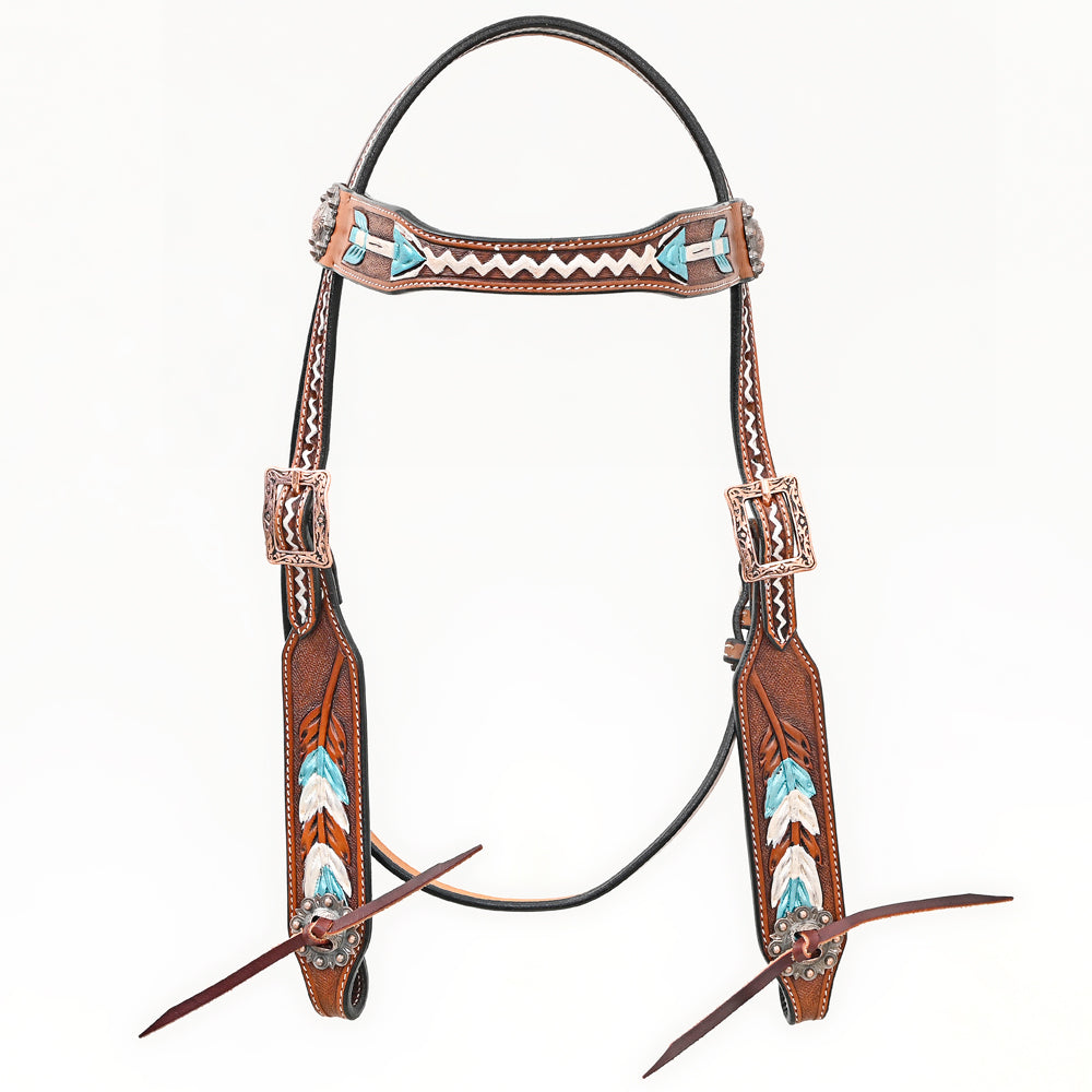 Bar H Equine Western Horse Genuine Leather Arrow Design Headstall Brown