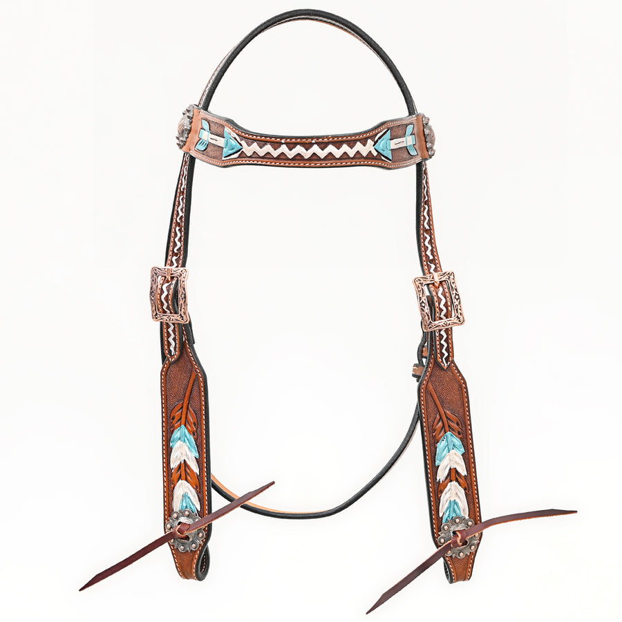 Bar H Equine Western Horse Genuine Leather Arrow Design Headstall Brown