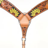 BAR H EQUINE Genuine Horse Hand Tooled Painted Sunflower Leather Breast Collar Tan