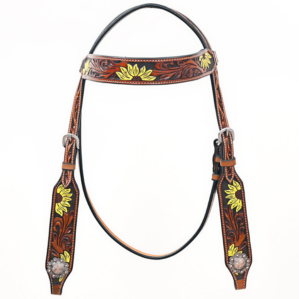 Bar H Equine Western Horse Genuine Leather Floral Design Headstall Brown