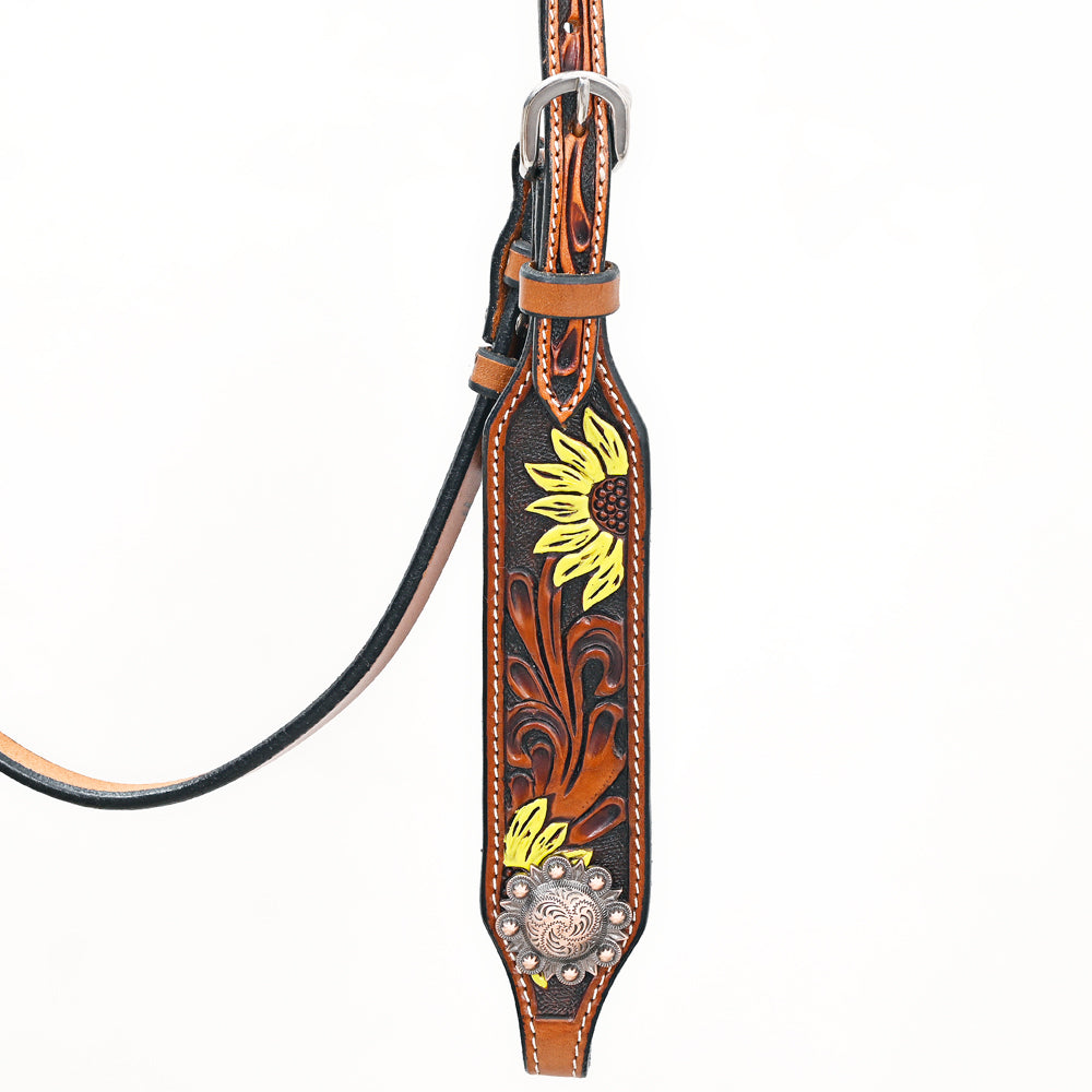 Bar H Equine Western Horse Genuine Leather Floral Design Headstall Brown