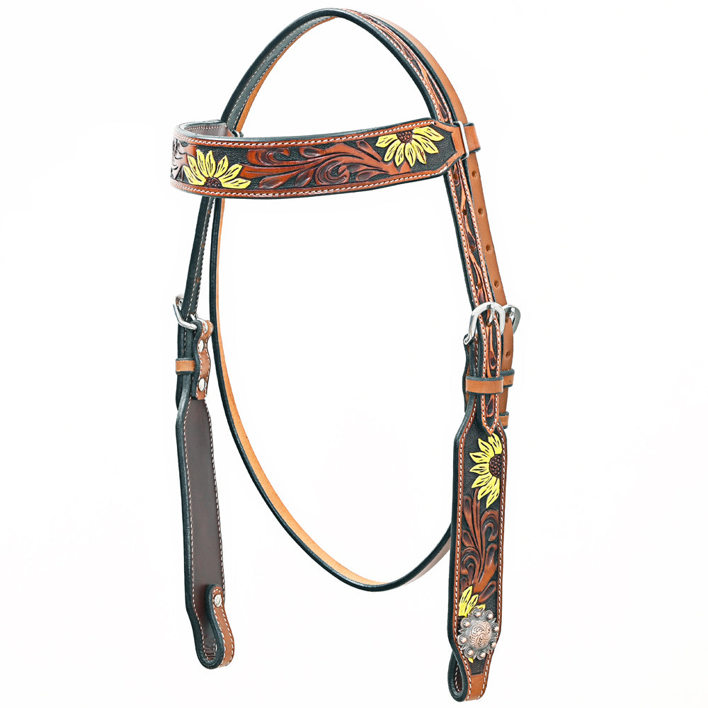 Bar H Equine Western Horse Genuine Leather Floral Design Headstall Brown