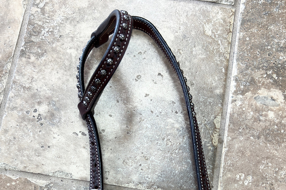 Bar H Equine Western Horse Genuine Leather Hand Tooled One Ear Headstall Dark Brown