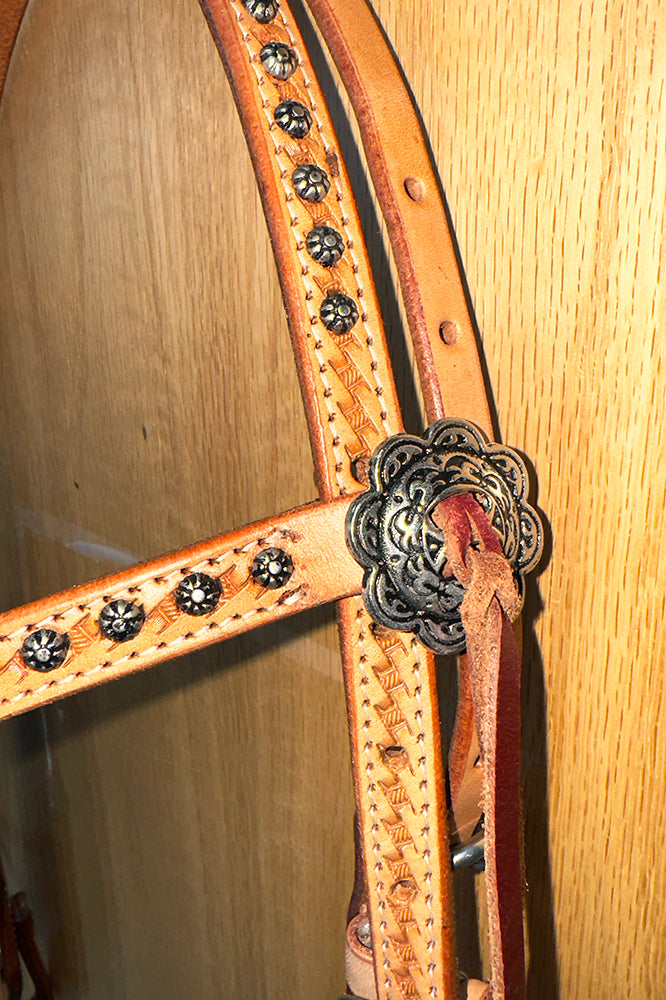 Bar H Equine Western Horse Genuine Leather Hand Tooled Headstall Dark Brown